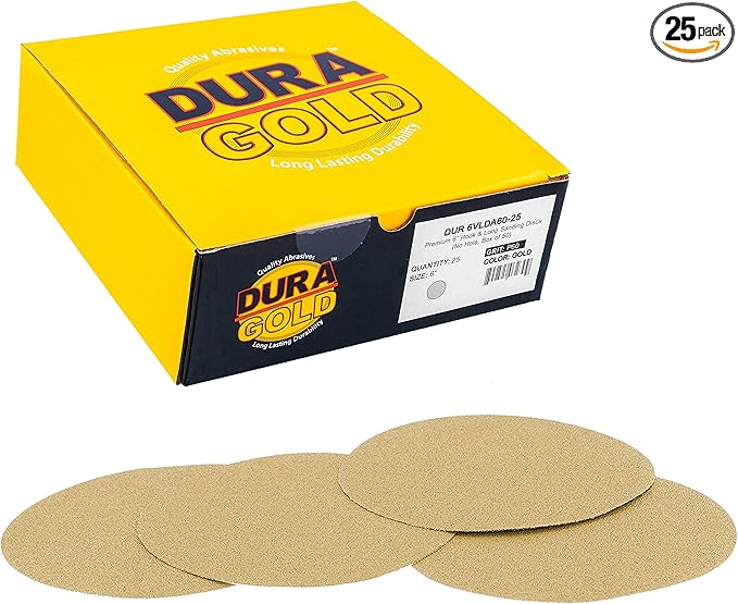 Dura-Gold Premium 60 Grit 6" Gold Sandpaper Discs, No Hole Pattern Dustless, Box of 25, Hook & Loop Backing for DA Sander, Finishing Coarse Sanding Abrasive Automotive Paint, Woodworking Wood, Metal