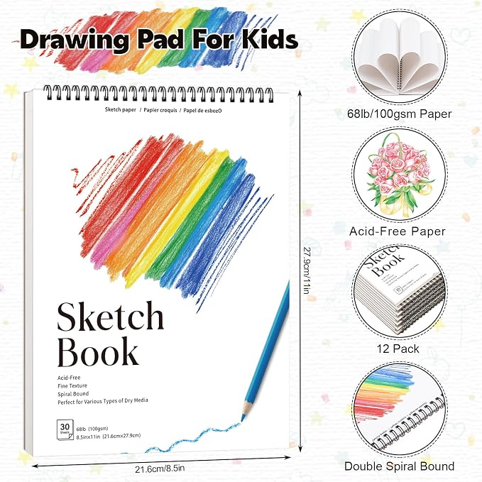 12 Pack Sketch Books, 8.5 x 11 Inch Mini Sketchbook, 68lb/100gsm Spiral Bound - Image 2