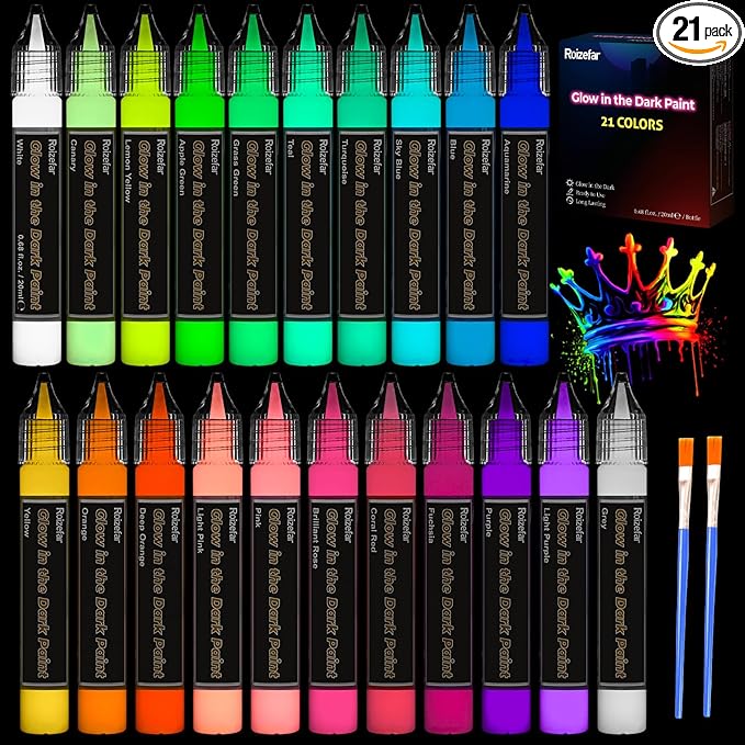 Roizefar Glow in the Dark Paint, 21 Colors 3D Permanent Acrylic Fabric Paints by Roizefar