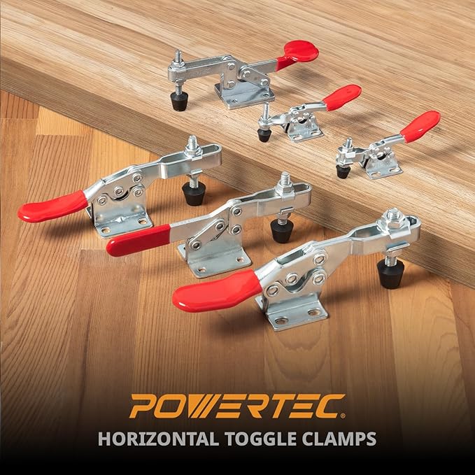 POWERTEC 4PK Toggle Clamp, 500 lbs Holding Capacity, 225D Quick Release Horizontal Clamps w/ Antislip Rubber Pressure Tip for Woodworking Jigs and Fixtures, Welding, Drill Press, Crosscut Sled (20326)