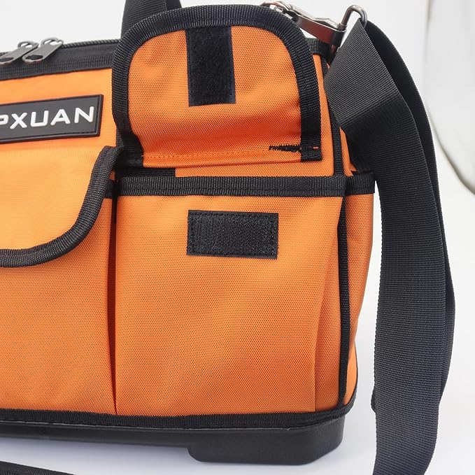 Tool Bag 16 Inch Molded Plastic Base Heavy Duty Waterproof Orange Tool Organizer Wide Mouth With Shoulder Strap for Power Tools and Hand Tools Oxford Cloth Fabric (16 Pockets)