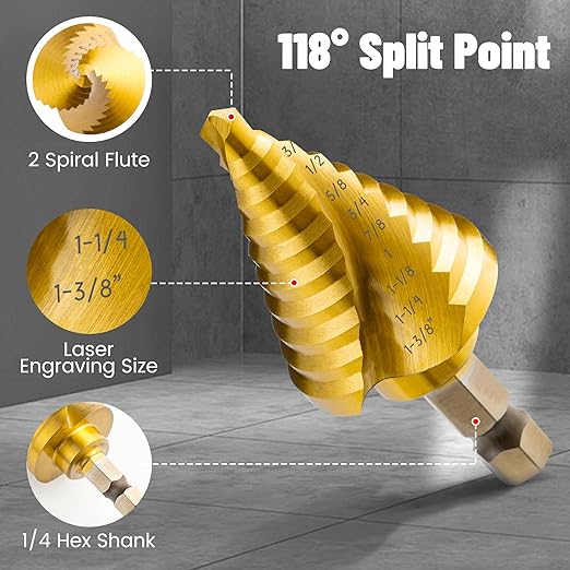 Step Drill Bits, 5PCS Spiral Grooved HSS Titanium Step Drill Bit Set, 50 Sizes High Speed Steel Step Bits for Metal with Aluminum Case