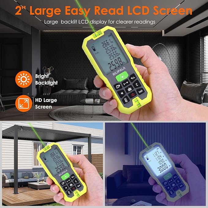 Laser Measure, 50M/165ft Digital Laser Distance Meter, ±2mm Accuracy Laser Measuring Tool, Tape Measure with Backlit LCD, Measuring Distance,Area,Volume,Pythagorean Mode for Indoor/Outdoor Use(Green)