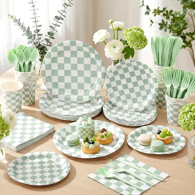 Pickmesh 400 Pcs Sage Green and White Checkered Party Decorations Set Light - Image 4