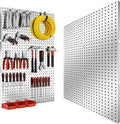 Peg Board, 6PCS Metal Pegboard, Heavy Duty Pegboard Wall Organizer with Frame. Silver Pegboard for Walls, Garage, Workbench, Craft Room Tool Organization, Metal Pegboard Panels 12in*12in