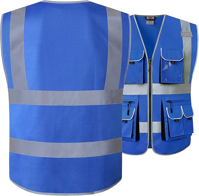 JKSafety 10 Pockets High Visibility Zipper Front Blue Safety Vest with High Reflective Strips Meets ANSI/ISEA Standards (3X-Large, 88-Blue)