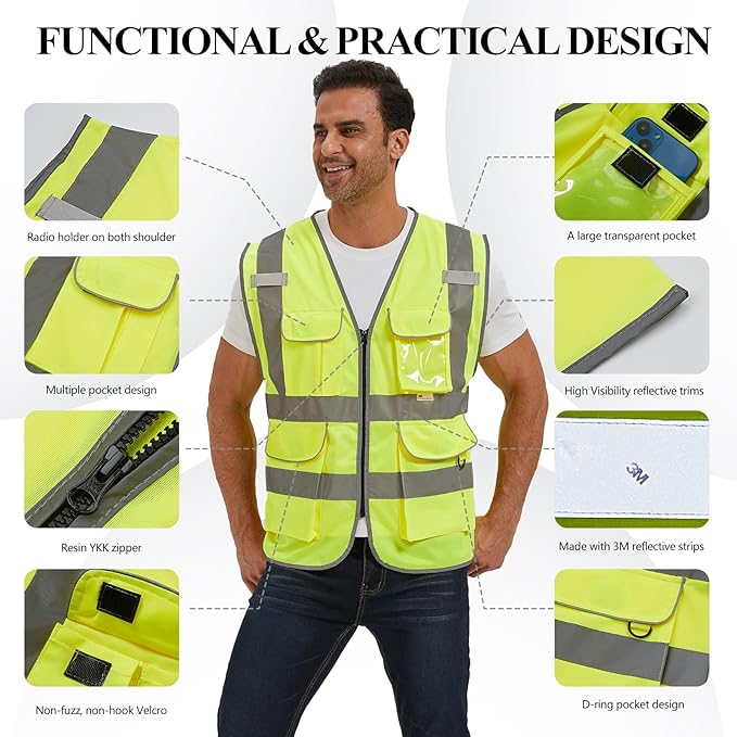 SIFE Reflective Safety Vest High Visibility Vest With 7 Pockets And YKK Zipper, ANSI/ISEA Class 2 Standard, Made With 3M Reflective Tape(03Y-Yellow,M)