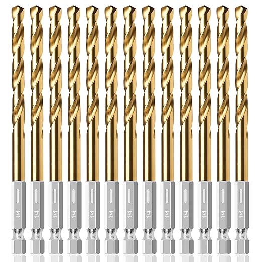 13PC 1/4" Titanium Coated Twist Hex Shank Drill Bit Set, 135 Degree Tip HSS Drill Bit Sets, Impact Driver Drill Bits for Wood, Steel, Metal, Plastic with Quick Change Design