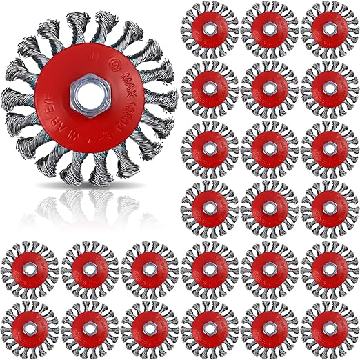 Tandefio 24 Pcs Wire Wheel Brush Wire Wheels with 5/8"-11 Threaded Arbor for 4 1/2 Angle Grinder Knotted Wire Cup Brush for Heavy Cleaning Rust Removal(Red,4 Inch)
