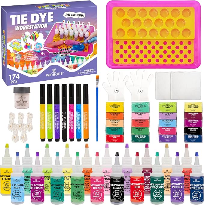 20 Colors Tie Dye Kit, 1 Tie Dye Workstation, 7 Set Fabric Markers, Non Toxic by WINSONS