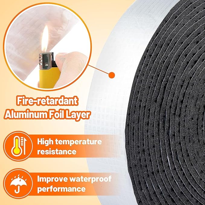 65.6ft Pipe Insulation Tape Wrap - 2pcs x 32.8ft Outdoor Winter Cold Hot Water Pipe Winterizing Self-Adhesive Foam with Aluminum Foil, Heat Preservation Reduce Heat Loss, 2" Wide