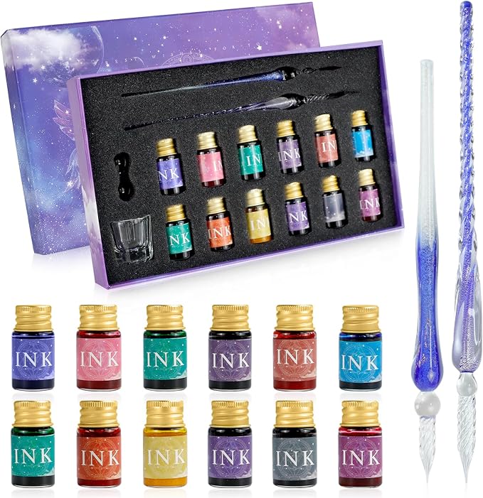 Glass Dip Pen Ink Set, 2 Crystal Signature Glass Pen, 12 Gold Powder Drawing by OT-NVWOZR