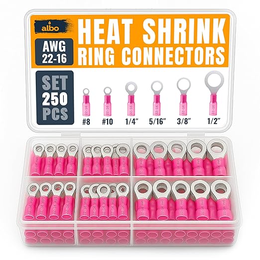 250PCS Red Heat Shrink Ring Terminal Kit – 22-16 AWG Wire Terminal Connectors Assortment, 6 Sizes (#8, #10, 1/4", 5/16", 3/8", 1/2") – Waterproof Tinned Copper Electrical Ring Connectors