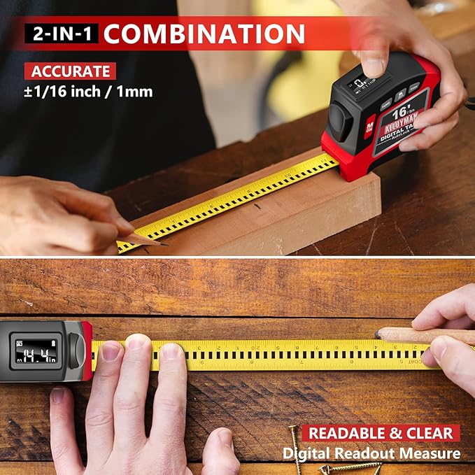Alloyman 2-in-1 Digital Tape Measure, 16Ft Length, 6 Unit Options, 4 Measuring Modes, Stores 50 Records, Auto Lock with Magnetic Hook, Waterproof & Drop-Resistant