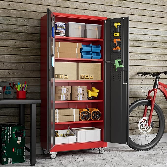 Metal Garage Storage Cabinet with Pegboard, 71''H*32" W*16" D Rolling Tool Cabinets on Wheels with 5 Adjustable Shelves for Garage Home Warehouse Utility Room, Assembly Required,Red and Black