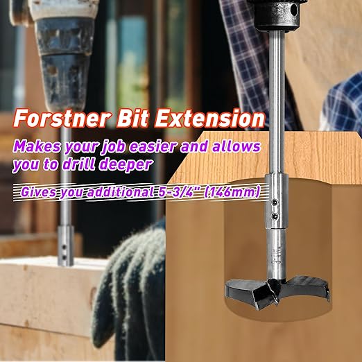 ASNOMY 7Inch Extra Long Forstner Bit Extension for Adding Over 5-3/4 inches of Drilling Depth to Your 3/8" Round or Hex Shafts Forstner Bit