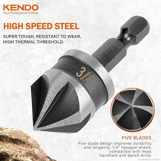 KENDO 5PCS Countersink Drill Bit Set, High Speed Steel Countersink Bits, 82 Degree 5 Flute Pieces, 1/4 Inch Hex Shank, Fit for Sink Holes into Metals, Wood, Plywood, Plastic with Aluminum Case