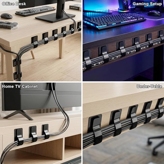 Cable Management Under Desk, 40 Pair Cord Organizer Straps | Reusable hook and - Image 6