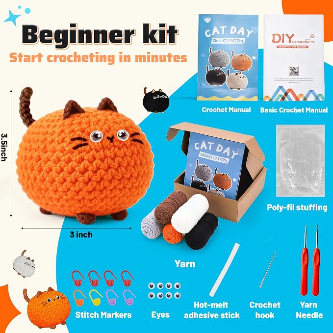 Joyclub Crochet Kit for Beginners 4 PCS Cat Family Learn to Crochet Kit - Image 3