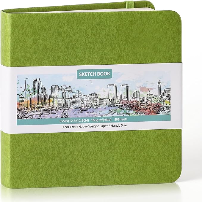 Prudiut 5" x 5" Hardcover Pocket Sketchbook, 80 Sheets, Emerald Green | 160gsm by Prudiut