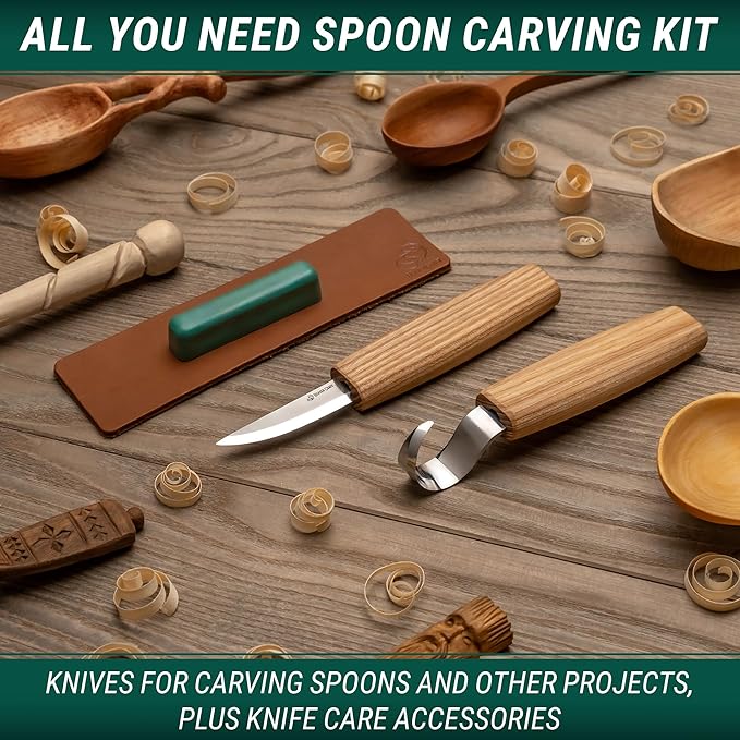 BeaverCraft S01 Wood Spoon Carving Knives Set Spoon Making Tools Kit Whittling Knife Hook Knife Right-handed Bowl Cup Kuksa for Beginners Woodworking Professional Wood Carving Kit