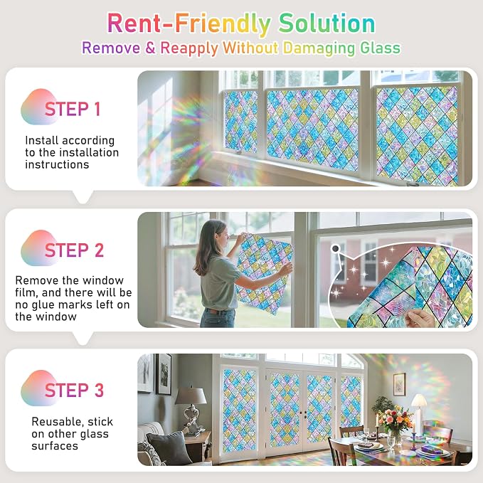 Sunbaby Window Privacy Film Stained Glass Decorative Rainbow Window Cling 3D - Image 5