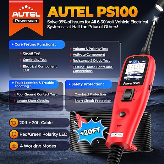 Autel PowerScan PS100 Automotive Circuit Tester 2.0, 12-24V Power Circuit Probe Tool, Auto Electrical Short Open Circuit Finder, AC/DC/Resistance/Component/Signal/Test Tool, w 20ft Extension Cable