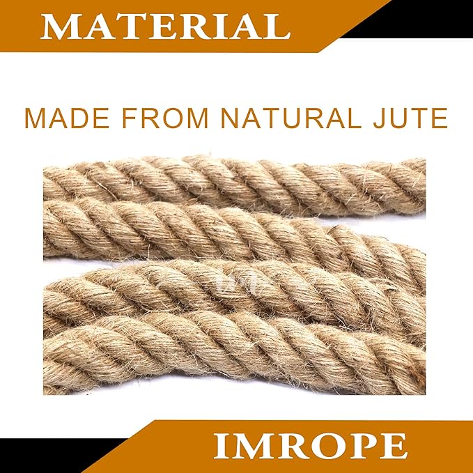 2 Inch x 50 Ft Natural Jute Rope, IMROPE Twisted Jute Rope 4 Strands for Arts Crafts, Swing, Garden, Home Decorating, Hammock, Tug of War