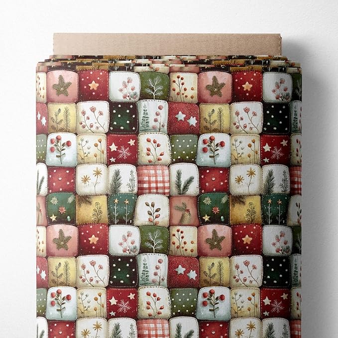 Patchwork Cotton Fabric Panel 61 x 36.6 Inches, Christmas Botanical Squares by FabricsTown