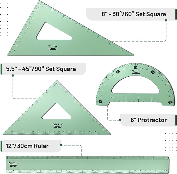 Mr. Pen- Metal Geometry Kit, 4 Pack, 45° & 30°/60° Set Squares | 6" Protractor - Image 2