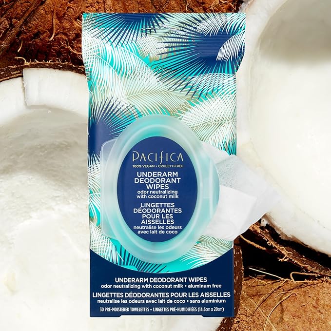 Pacifica Deodorant Wipes - Coconut Milk Underarm & Full Body Deodorant Wipes - Removes Sweat & Oil - Aluminum-Free - Natural Feminine Odor Control Clean Vegan & Cruelty-Free Dermatologist Tested
