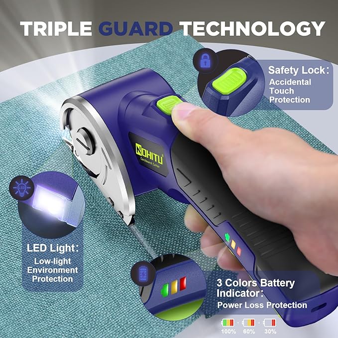 Cordless Electric Scissors: 4V Rechargeable Rotary Cardboard Cutter, 3000mAh Battery, with LED Light, 2 Blades, Box Cutter for Fabric Carpet Carton Plastic Leather Cloth (Blue)