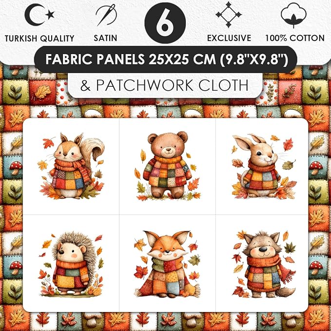 Autumn Animals Patchwork Cotton Fabric Panel – 6 Designs + Bonus Patchwork - Image 3