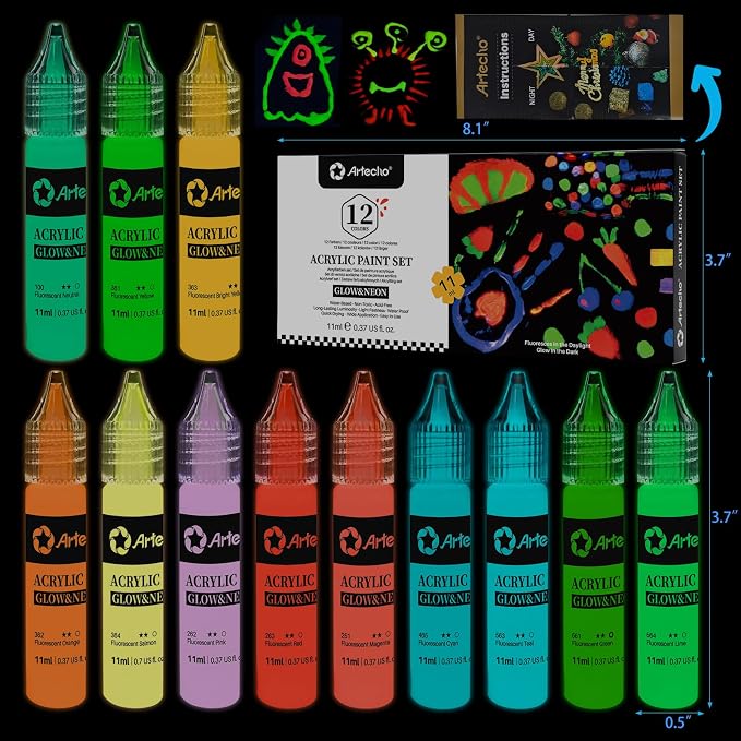 Artecho Glow in the Dark Acrylic Paint Set – 12 Colors x 11ml | Non-Toxic - Image 3