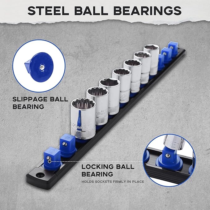 1/4-Inch Drive Magnetic Socket Organizer, Heavy Duty Aluminum Socket Rail Organizer, 360° Swivel Clips Socket Holder Kit for Tool Box, 1/4-Inch Socket Holder x 14 Clips (Blue)