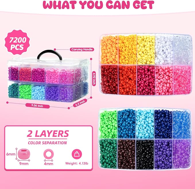 Simetufy 7200Pcs Pony Beads Bulk, 20 Assorted Colors 6x9MM Kandi Beads Kit - Image 3