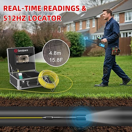 Sanyipace Self-Leveling Sewer Camera 165FT, Drain Plumbing Camera with 512Hz Pipe Locator, Feet Meter Counter, for Plumbers Homeowner Home Inspectors Construction Maintenance Worker
