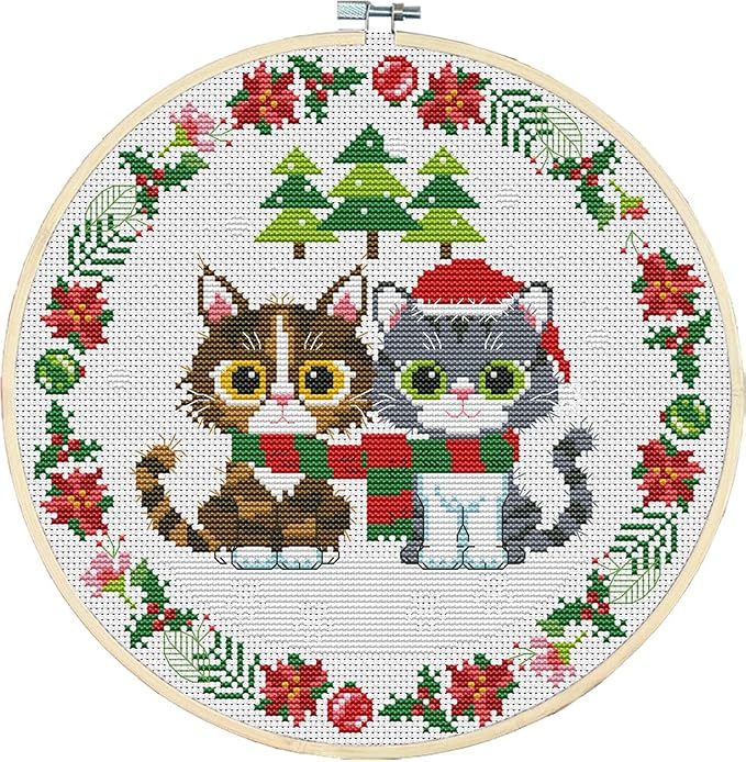 Awesocrafts Cross Stitch Kits Two Christmas Kittens 11CT Stamped Patterns Easy by Awesocrafts