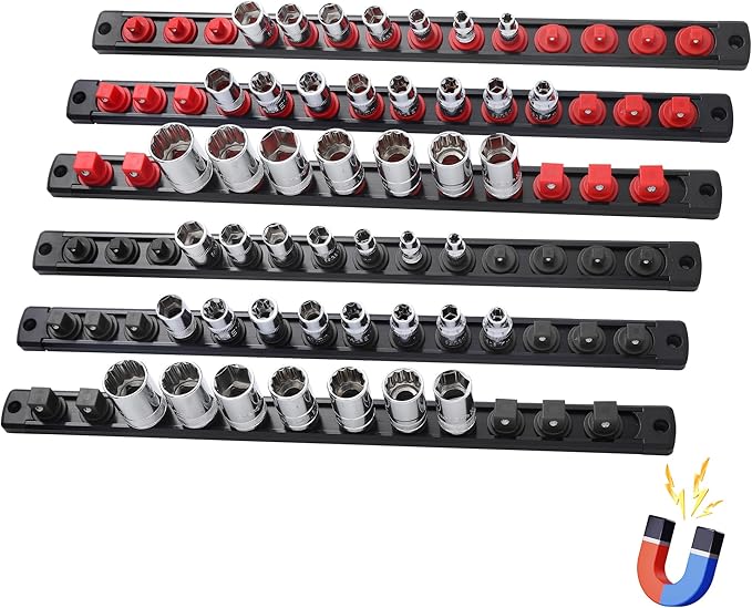 6-Piece Magnetic Socket Organizer, Heavy Duty Aluminum Socket Rails Organizer, 360° Swivel Clips Socket Holder Kit for Tool Box, 1/2, 3/8, 1/4-Inch Socket Holder x 80 Clips (Red&Black)