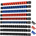 ALOANES 9PC ABS Socket Organizer, 1/2 inch, 3/8 inch and 1/4 inch Drive Socket Rail Holders, Heavy Duty Socket Racks, Black Rails with Red Blue Black Clips