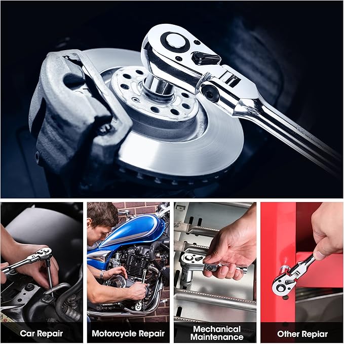 WORKPRO 4-Piece Flex Head Ratchet Set, 1/4", 3/8", 1/2" Drive, 3/8" Stubby, 72-Tooth Ratchet with Chromium Plating Quick Release Reversible Design, 5 Degree Swing