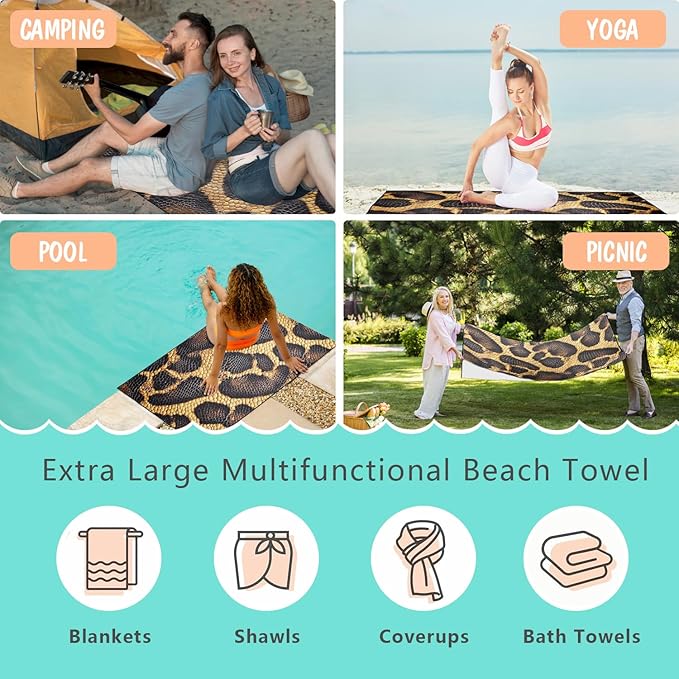 Snake Skin Pattern Beach Towel Oversized 36" x 72", Thin Lightweight Sand Free Quick Dry Microfiber Towel for Swimming Pool Cruise Camping Travel