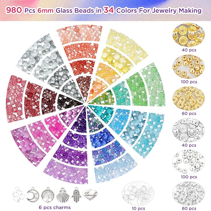 6mm Glass Beads for Jewelry Making, Funtopia 34 Colors Round Glass Beads Kits - Image 2