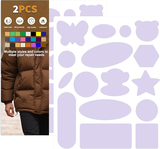Azobur Down Jacket Repair Patches-Waterproof, Self-Adhesive,Nylon Fabric Patches for Puffy Jackets, Rain and Snow Gear, Tents, Sleeping Bag and More(Purple，2pcs)