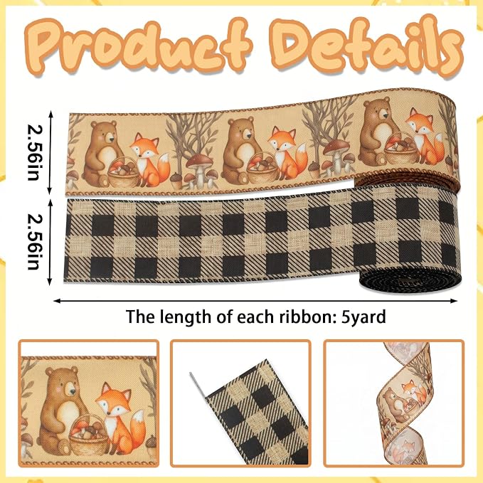 2 Rolls Fall Woodland Animal Ribbon, 2.56 Inch Wired Edge Ribbons - Image 2