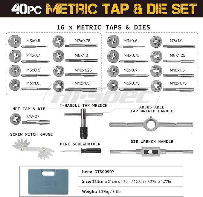 Hi-Spec 39pc Metric Tap & Die Set. Complete M3 to M12 Tapping and Threading Tools with Tap Wrench & Screw Pitch Gauge Accessories