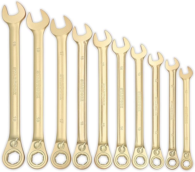 20 Pc. 6-Point SAE, Metric 15° Offset Vintage G-Plating Reversible Non-Slip Long Pattern Ratcheting Combination Wrench Set (5/16" -3/4" & 8-19 mm)