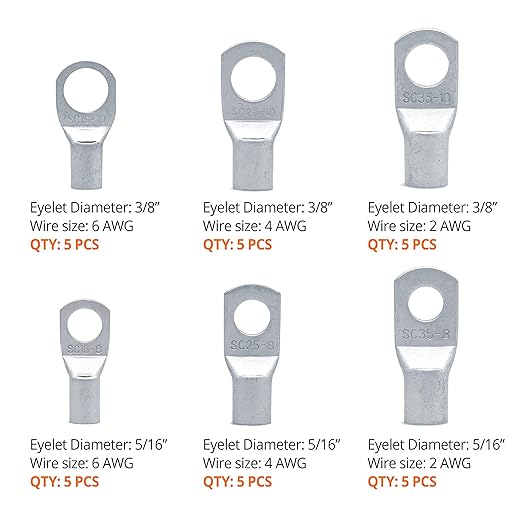 Wirefy 30 PCS Tinned Copper Wire Lugs Kit - Battery Lugs - Crimp Battery Cable Ends - Ring Terminals - 6-2 Gauge