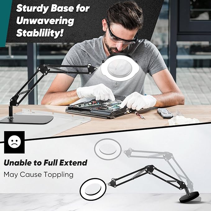 10X Magnifying Glass with Light and Stand，Real Glass Lens 5 Color Modes Dimmable LED Lighted Magnifier with Swing Arm Hands Free Magnifying Desk Lamp for Crafts Sewing Painting Reading Close Work