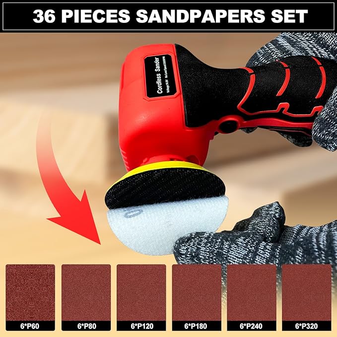 16.8V Cordless Electric Sander with 36PCS Sandpapers, 3500 RPM, 2Pcs 3.0Ah Batteries, Lightweight & Compact Design for Wood, Metal, Paint Removal, and DIY Projects
